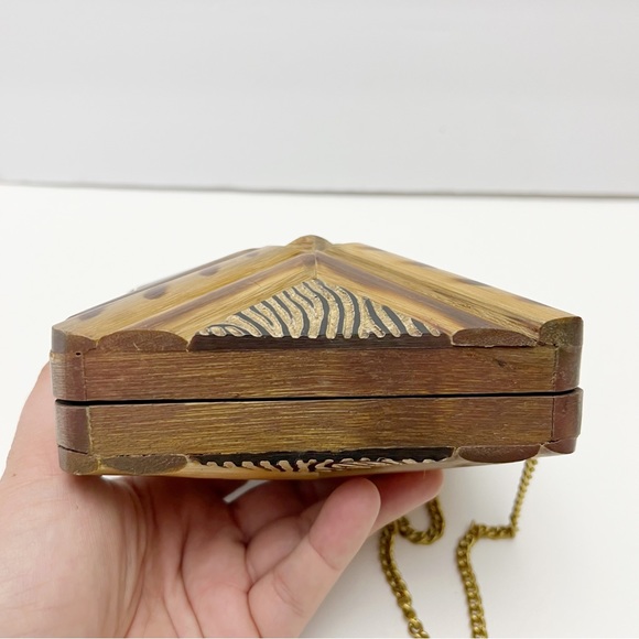 Vintage Carved Wood African Safari Zebra Pattern Minaudière Crossbody Mini Purse - Picture 6 of 8